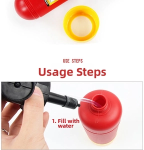 Detail showing water-filling steps for the red fire extinguisher spray toy