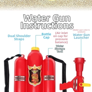 Detail view of the backpack water gun toy with firefighter theme and adjustable straps