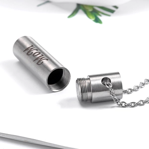 Polished stainless steel cylinder urn necklace for ashes engraved with Mom text