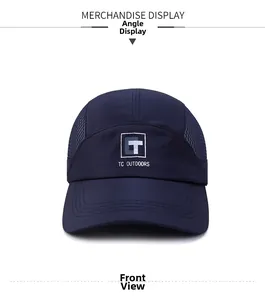 Detailed front view of navy blue breathable mesh baseball cap with TC Outdoors logo