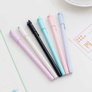 Set of 6 cute cartoon cat gel pens in assorted colors on a clean white desk setup