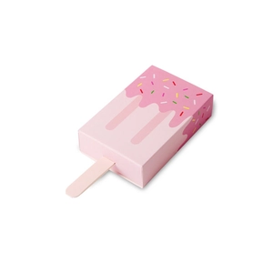 Pink popsicle-shaped paper gift box with colorful sprinkles and a wooden handle