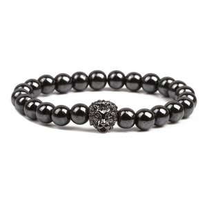 Bracelet pour homme en perles d'hématite magnétique avec breloque tête de lion en métal