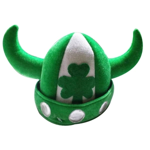 Detail view of St. Patrick's Day Viking hat with green clover embroidery and plush horns
