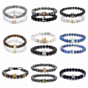 Grid display of beaded crown bracelets featuring diverse volcanic and agate stone textures