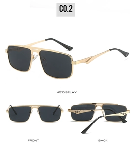 Detaillierte Mehrfachansichten der quadratischen Gold-Metall-Sonnenbrille mit grauen Gläsern