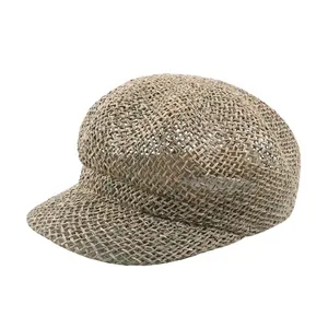 Women Summer Breathable Straw Newsboy Cap Mesh Hollow Octagonal Beret Short Brim Sun Protection Hat
