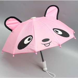 Pink panda themed umbrella for 18-inch dolls with 3D ears and white plastic handle