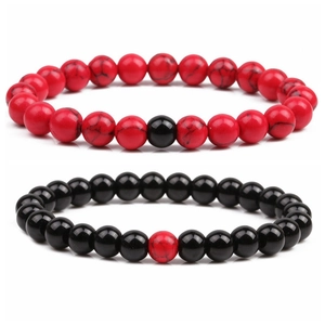 Set di bracciali di coppia in perle di turchese rosse e nere 8mm con cordino elastico