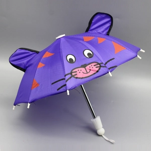 Detailed view of purple 18 inch doll umbrella with cute animal ears and cartoon stripes
