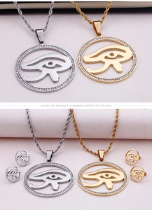 Detailed view of Eye of Horus jewelry set with sparkling rhinestones and rope chain