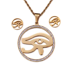 Eye Of Horus Jewelry Stainless Steel 18K Gold Plated Hollow Round Pendant Necklace And Rhinestone Stud Earrings For Women