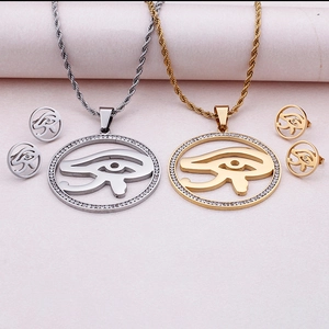 Gold and silver stainless steel Eye of Horus jewelry set with sparkling rhinestones