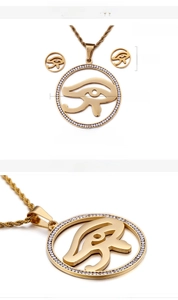 Detail of Eye of Horus 18K gold plated jewelry set with dimensions and crystal inlay