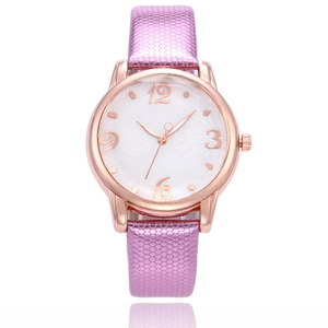Fashionable women's quartz watch with floral dial and purple scale texture leather strap