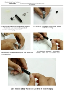 Guide showing how to fill the black bullet urn necklace with a funnel and pin tool