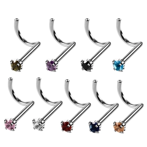Set of 9 stainless steel screw nose studs with colorful round cubic zirconia crystals