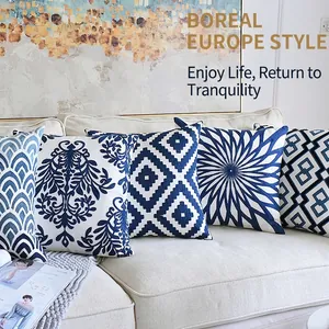 Embroidered Cushion Cover Blue White Blended Fabric Geometric Damascus Floral Pattern Home Sofa Decor Nordic Classical Square Pillowcase