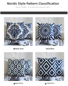 Detailed views of four blue and white embroidered cushion covers with floral patterns