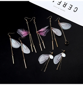 Detailed view of handmade butterfly wing earrings with purple translucent veined texture