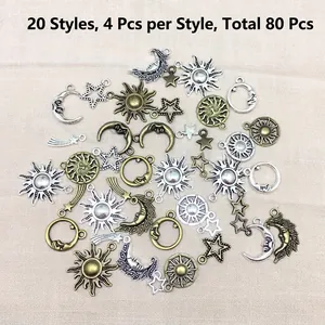 80pcs vintage celestial DIY pendants with sun moon and star motifs in silver and bronze