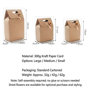 Three sizes of brown kraft paper gift bags with dimensions and sunflower decorations