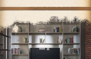 Detail view of modern minimalist open bookshelf with rectangular compartments and grey finish