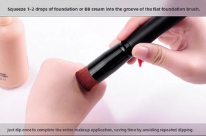 Detail of concave foundation brush showing 1-2 drops application and smooth blending
