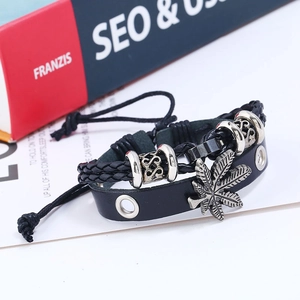 Men's multilayer black leather braided bracelet with vintage silver maple leaf charm
