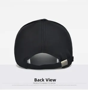 Rear view of black canvas baseball cap showing adjustable silver metal buckle strap