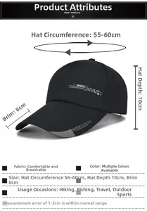 Detail view of black canvas sports cap with 8cm brim and dimensions for breathable comfort