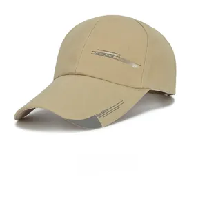 Detail view of khaki cotton baseball cap with SPORTS FASHION print and long brim