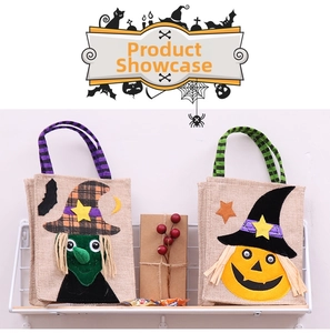 Detail of Halloween linen bags featuring felt witch and pumpkin appliqué with striped handles