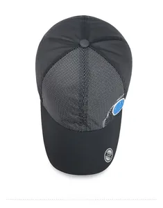 Top view of a quick-dry black sun baseball cap featuring white dotted patterns and logo