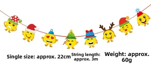 Detail of Christmas party garland with eight emoji pendants on a three-meter red string