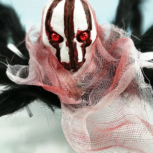 Halloween giant 75cm plush spider with skull mask head and red mesh scarf decoration