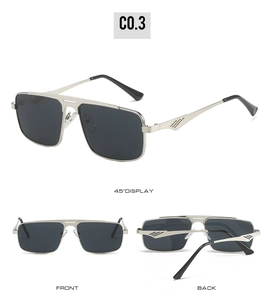 Drei Ansichten der silbernen quadratischen Metall-Sonnenbrille mit doppeltem Steg