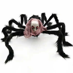 75cm giant Halloween spider with skull head, black fur, and pink mesh veil on white background