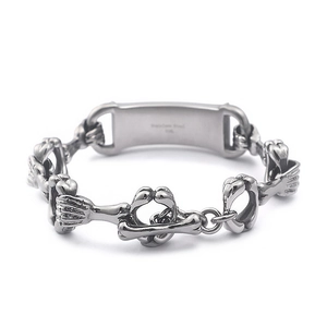 Gothic punk men's stainless steel bracelet featuring silver skull and bone link design