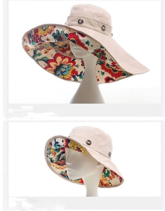 Detail of wide brim sun hat with floral lining and metallic side button decoration