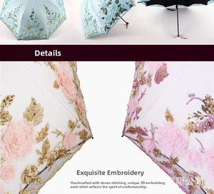 Macro detail of 3D floral embroidery with sequins on a double-layer sun umbrella