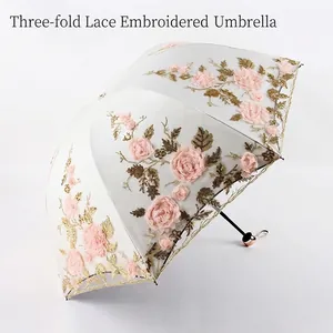 Folding Parasol With Textured Flower Embroidery And Lace Trim Black Coating UV Blocking For Sunny Rainy Days Elegant Women Gift