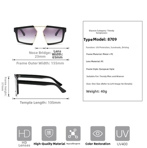 Detailed dimension guide for oversized vintage sunglasses with metal and PC frame