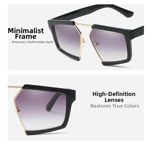 Detail view of large geometric sunglasses with black gold frame and purple gradient lenses