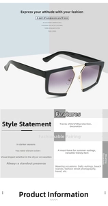 Detail of oversized square sunglasses with black-gold frame and gradient purple lenses