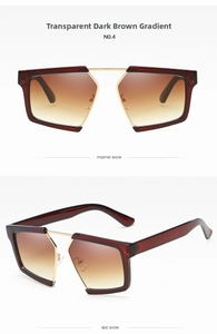 Detailed front and side views of large frame gradient tea sunglasses with gold bridge