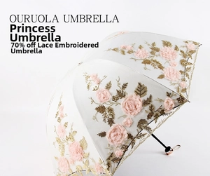 Detail view of white lace umbrella with delicate pink floral embroidery and gold leaf patterns