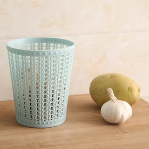 Mini plastic hollow storage bin with blue woven texture for desktop organization