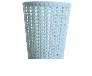 Detail view of the light blue plastic bin showing hollow rattan weave pattern and texture