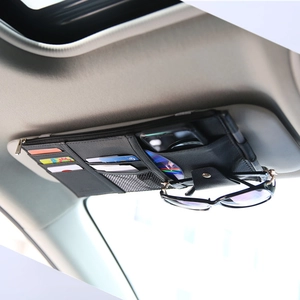 PU Leather Car Sun Visor Organizer Multi Pocket Automotive Storage Bag With Zipper Card Holder Sunglasses Clip